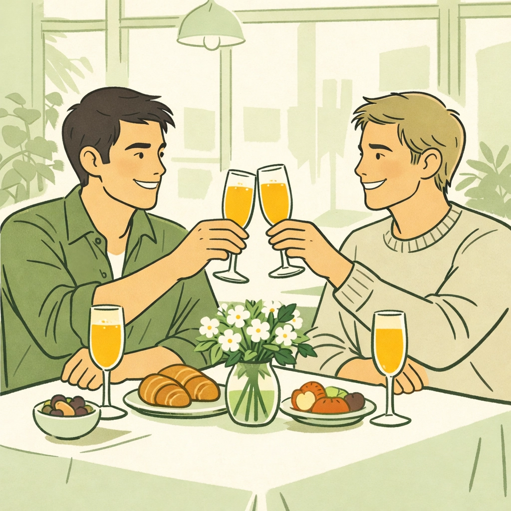Two men toasting with mimosas at gay brunch café celebrating LGBTQ+ community tradition