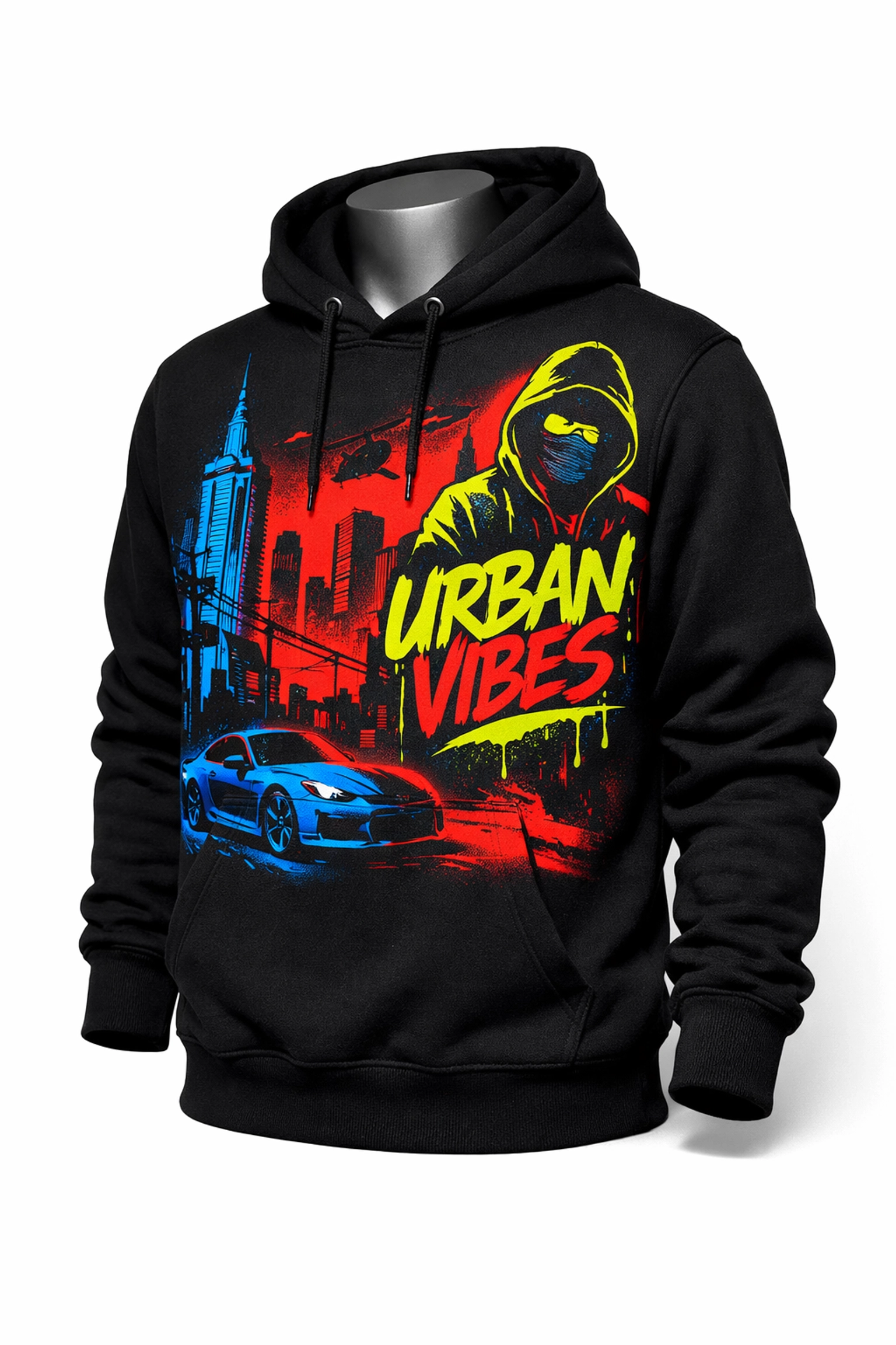 Custom printed hoodie with vibrant DTG print featuring urban graphics and bold colors