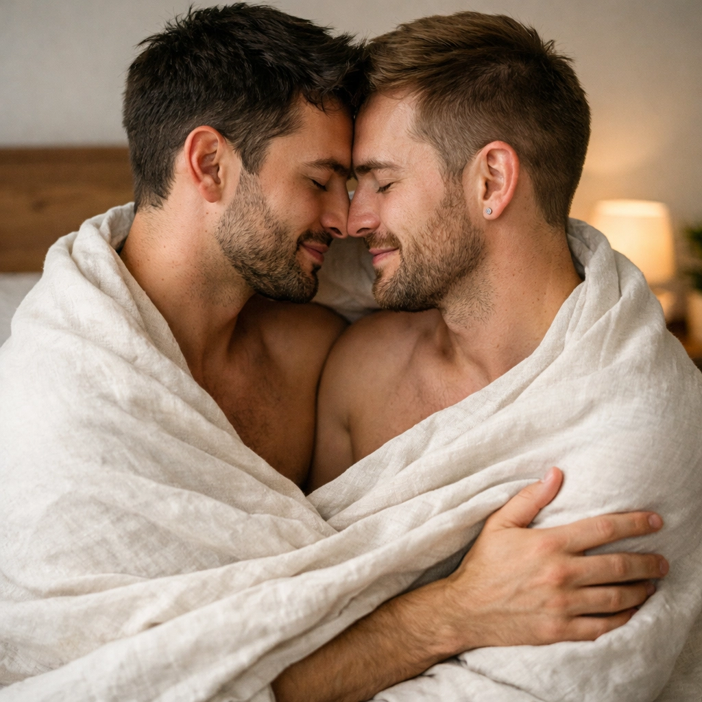 A gay couple sharing a tender face-to-face embrace, showing emotional bonding and intimacy.