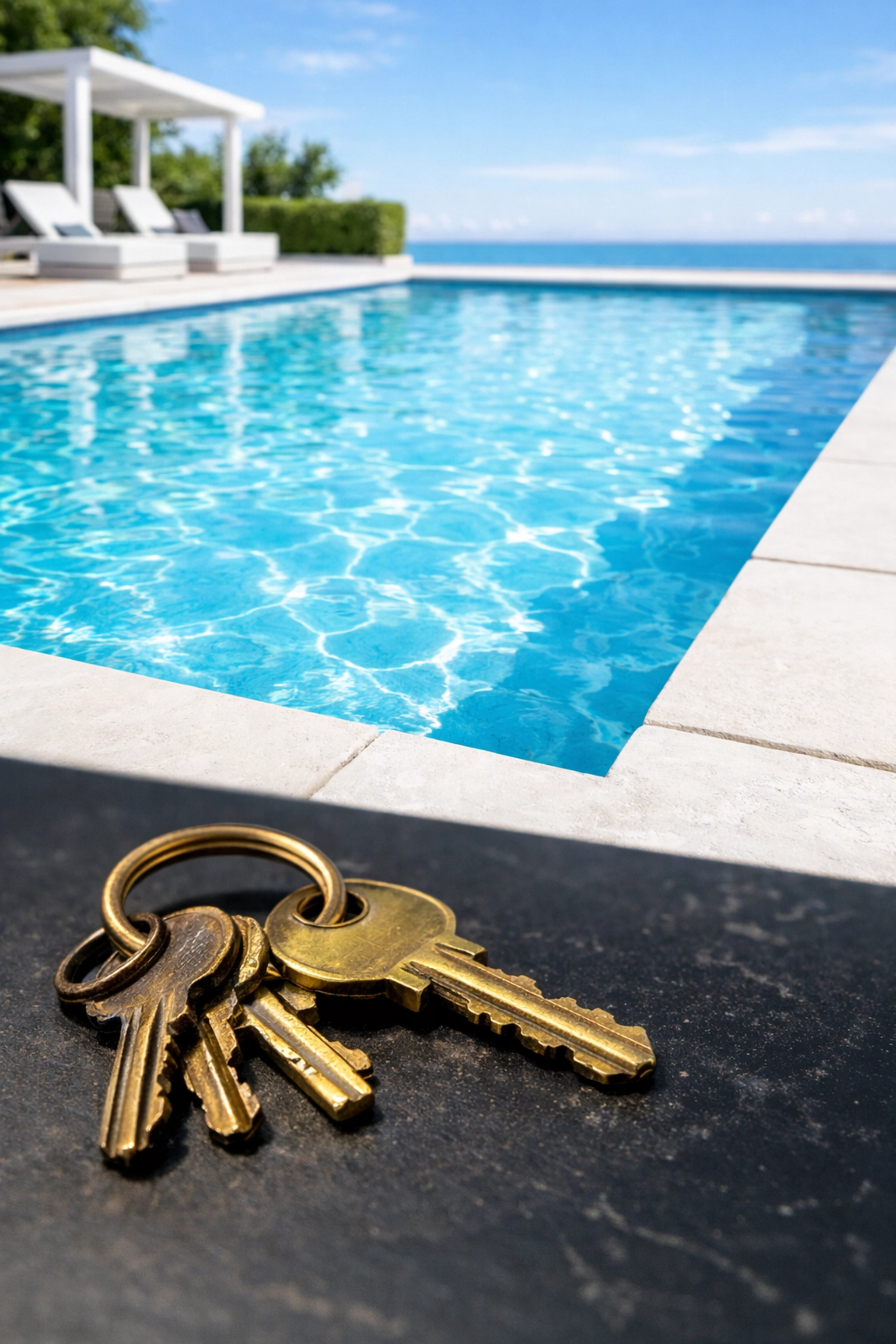House keys vs. a shimmering swimming pool, comparing real estate headaches to a lucrative pool service route for sale.
