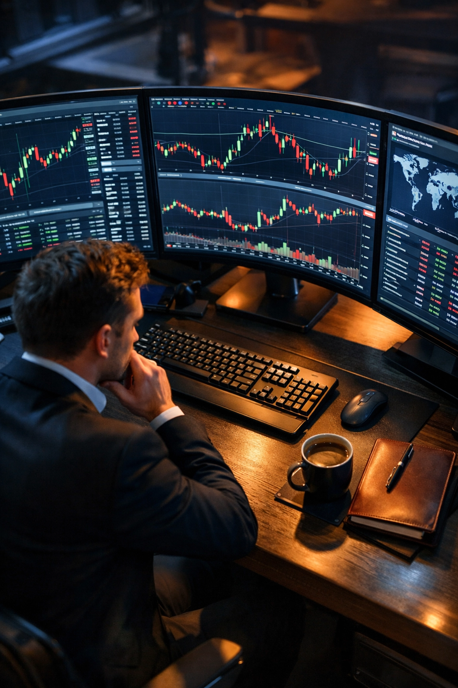 Trading monitors displaying real-time market data for multi-strategy hedge fund management