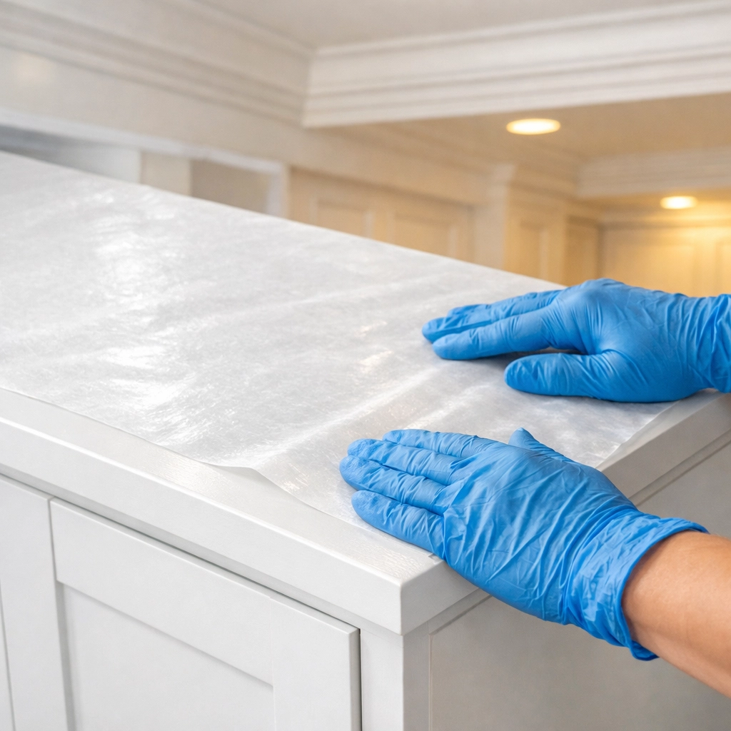 Laying wax paper on kitchen cabinet tops to catch dust and prevent sticky grease buildup.