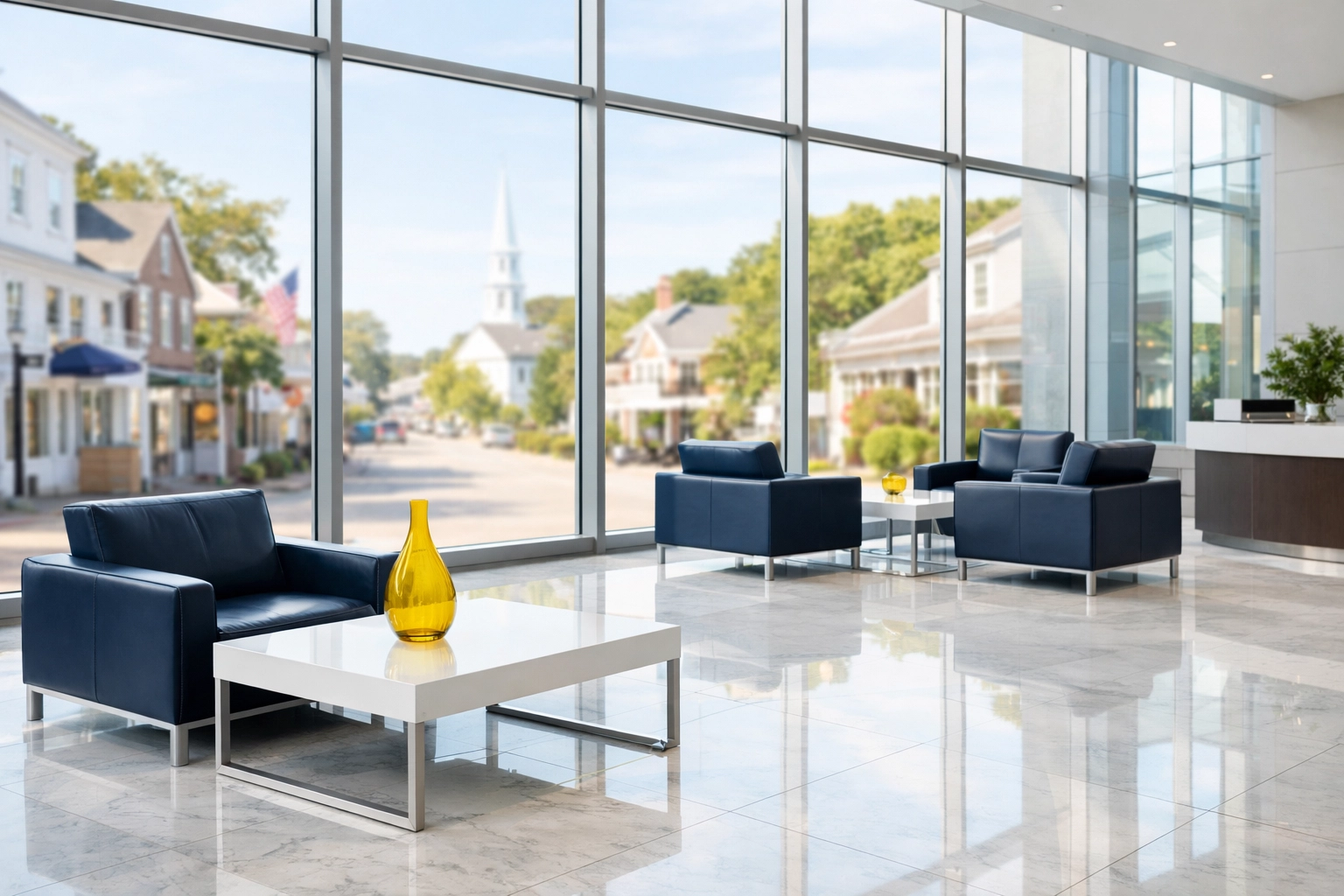 Pristine corporate lobby in Sandwich, MA featuring polished marble floors and professional commercial cleaning.