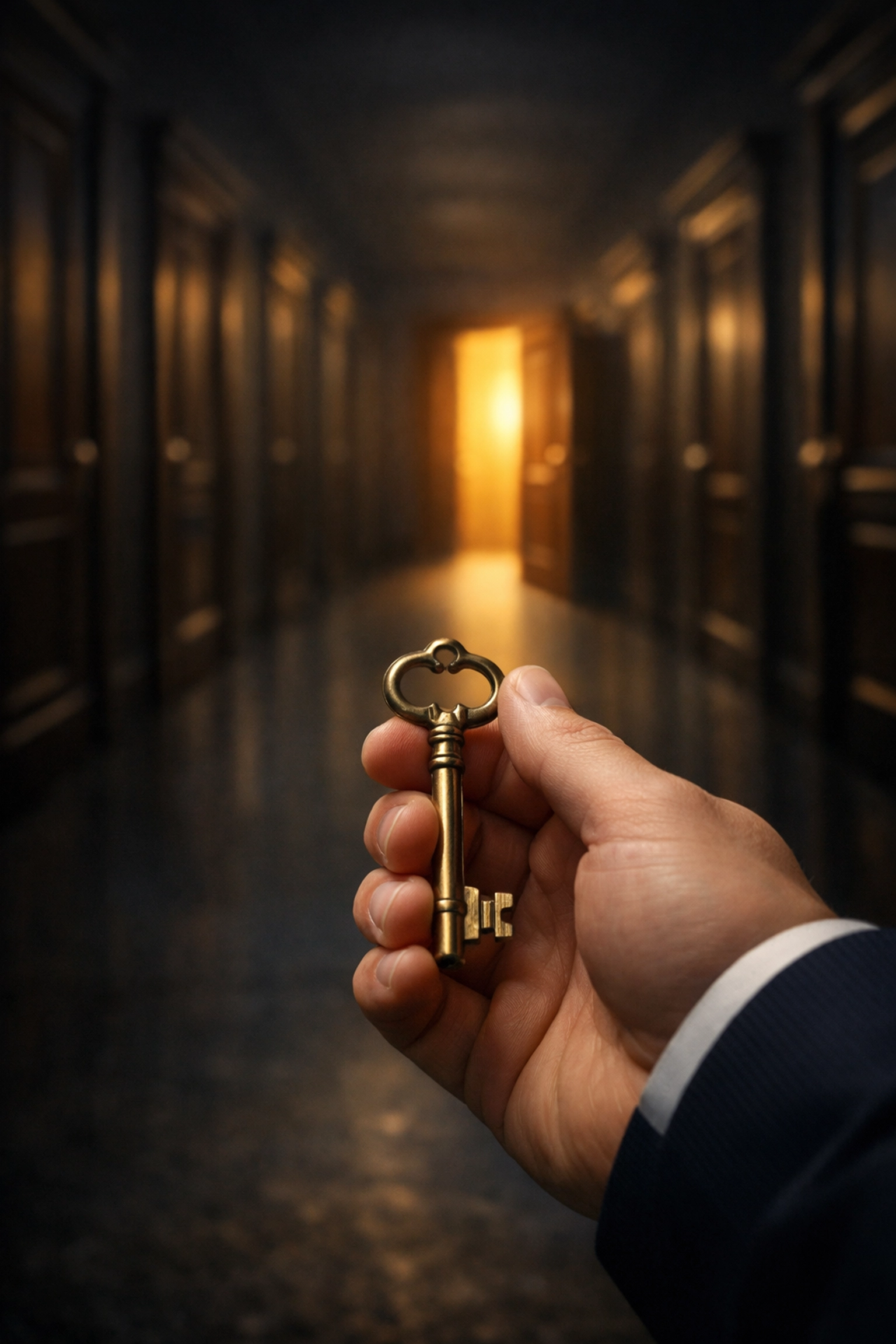 A hand holding a brass key symbolizing a successful exit strategy for property development.