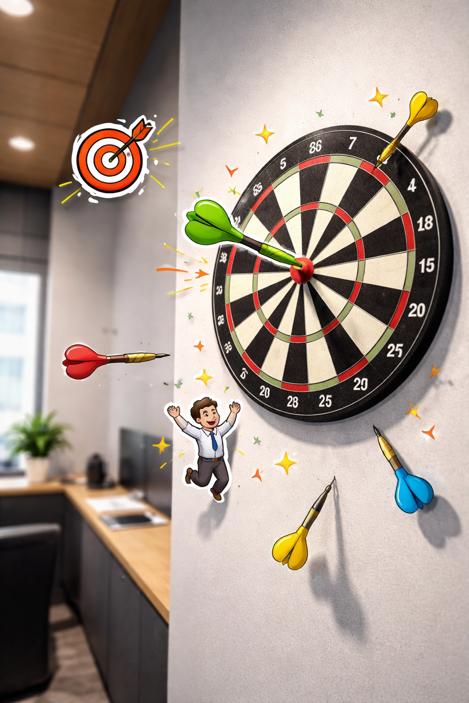 A bright green dart hitting the bullseye on an office dartboard symbolizes setting and achieving clear ISO audit objectives.