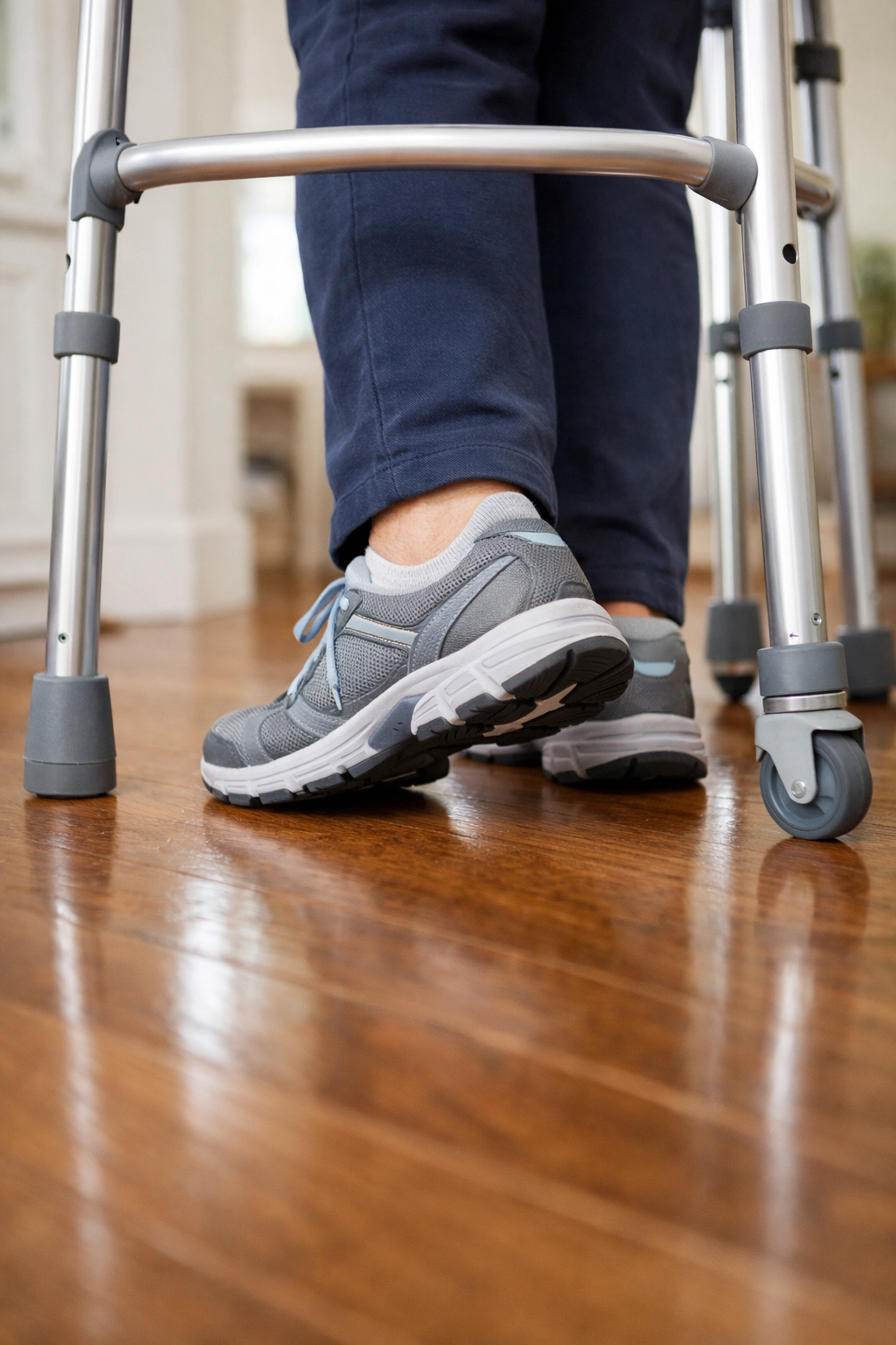 Close-up of a person taking small, safe steps inside a walker frame to turn without tripping.