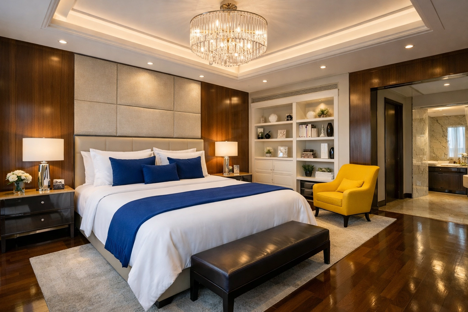 Spotless luxury bedroom with fresh white linens after a professional move-in deep clean.