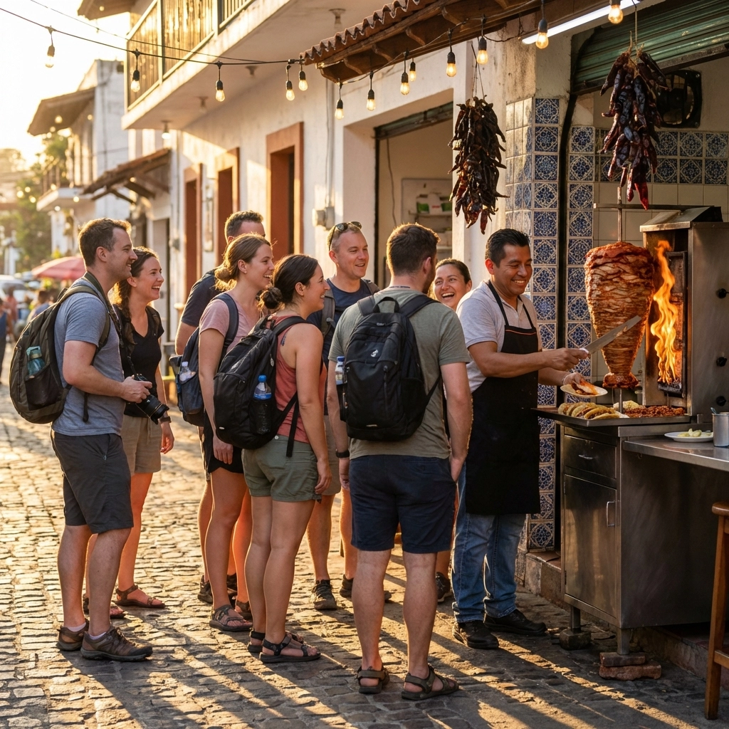 Puerto Vallarta food tour group enjoying authentic tacos at a lively local stand in Zona Romántica