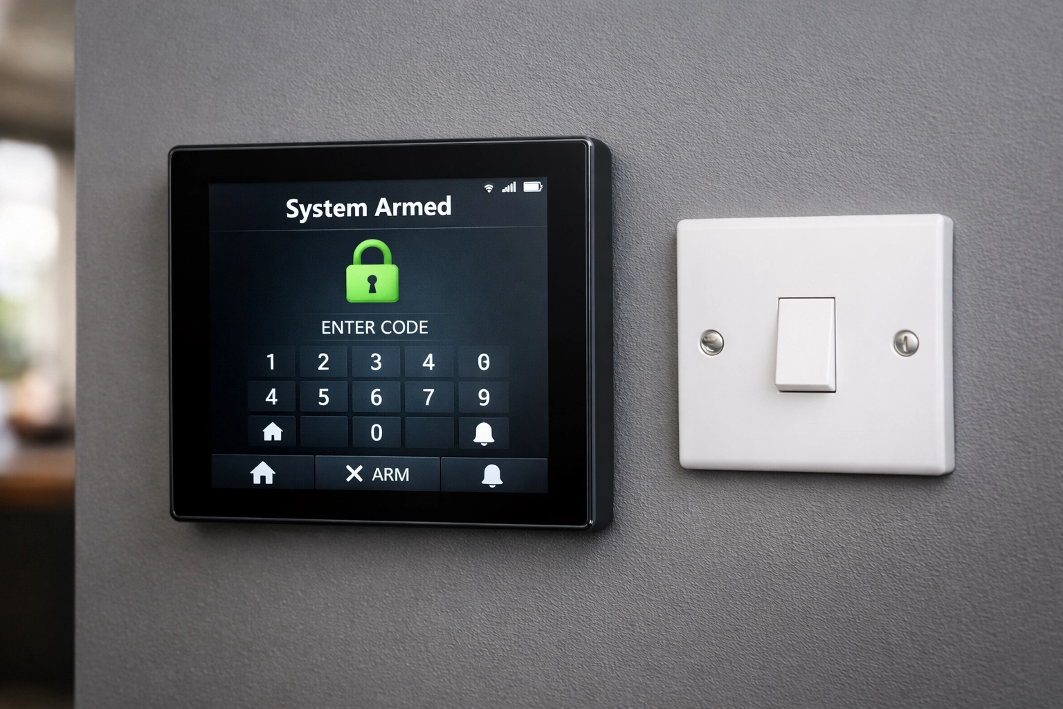 Modern touchscreen intruder alarm keypad installed in a contemporary Oxford home.