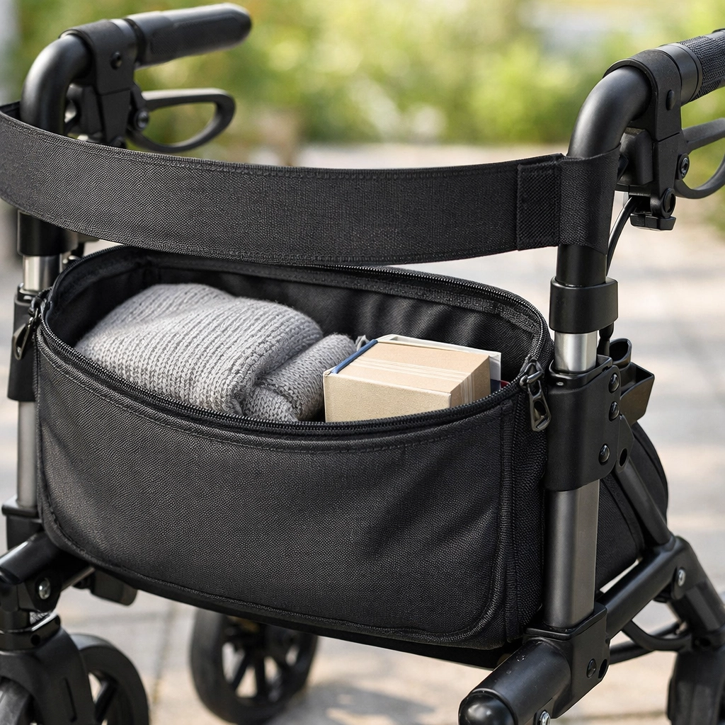 Rollator with a storage bag keeping items centered and low for better walker balance.