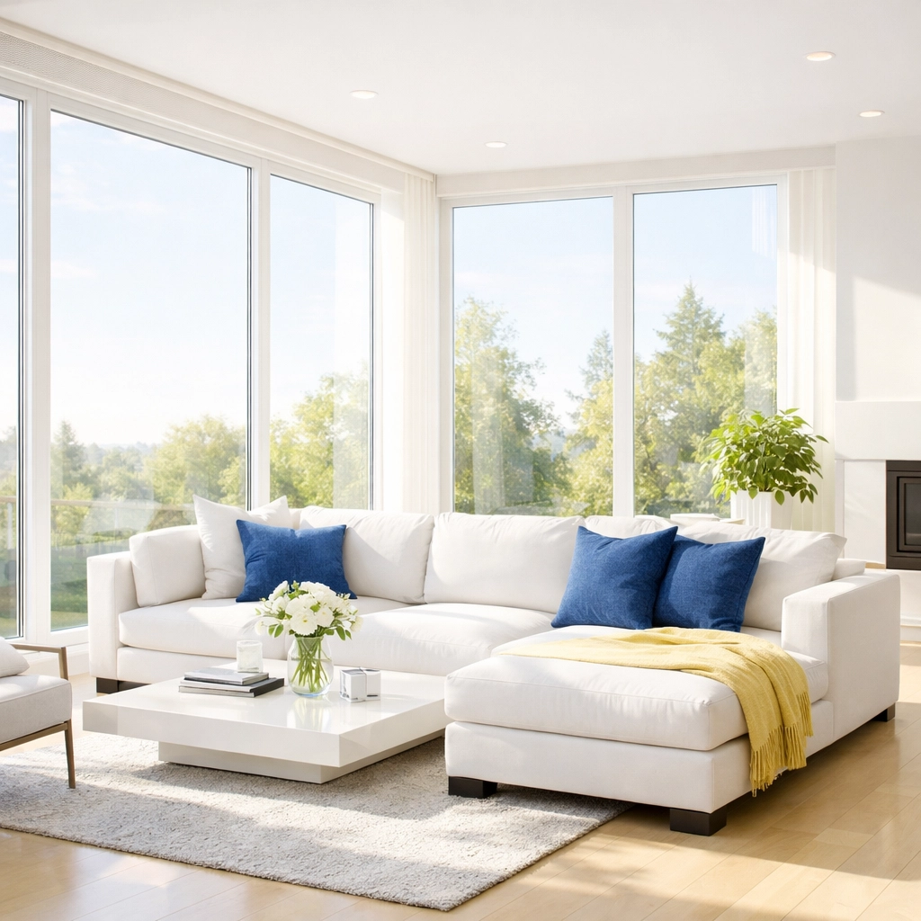 Pristine and sunlit Leominster living room showing the benefits of eco-friendly house cleaning services.