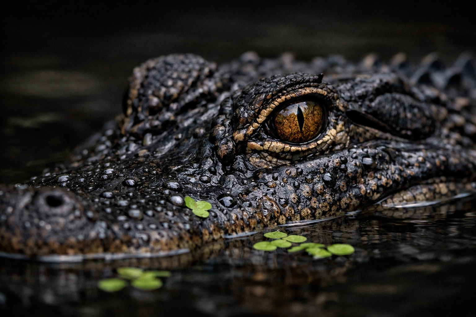 Intense close-up portrait of an American Alligator's eye and scales in the dark swamp waters of Florida.