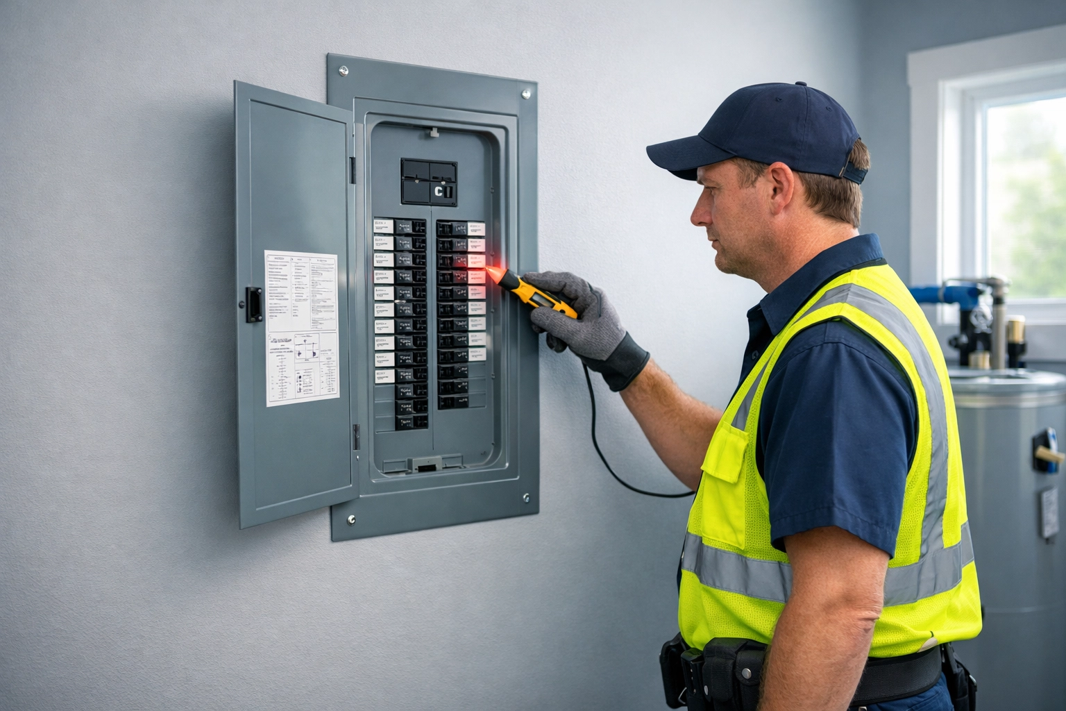 Licensed electrician inspecting modern electrical panel in Florida home mechanical room