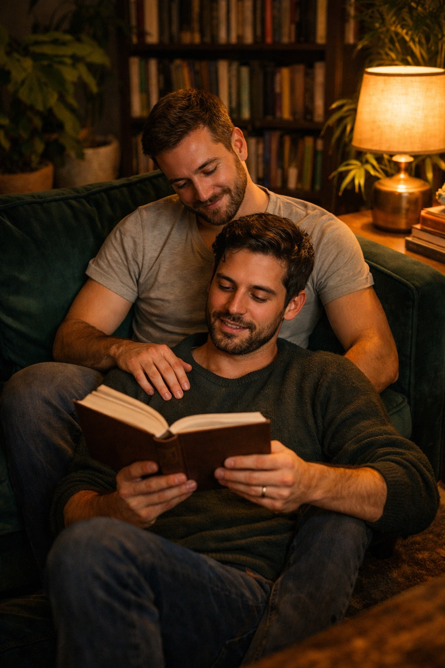 Two men reading an MM romance book together, exploring identity through heartfelt gay fiction.