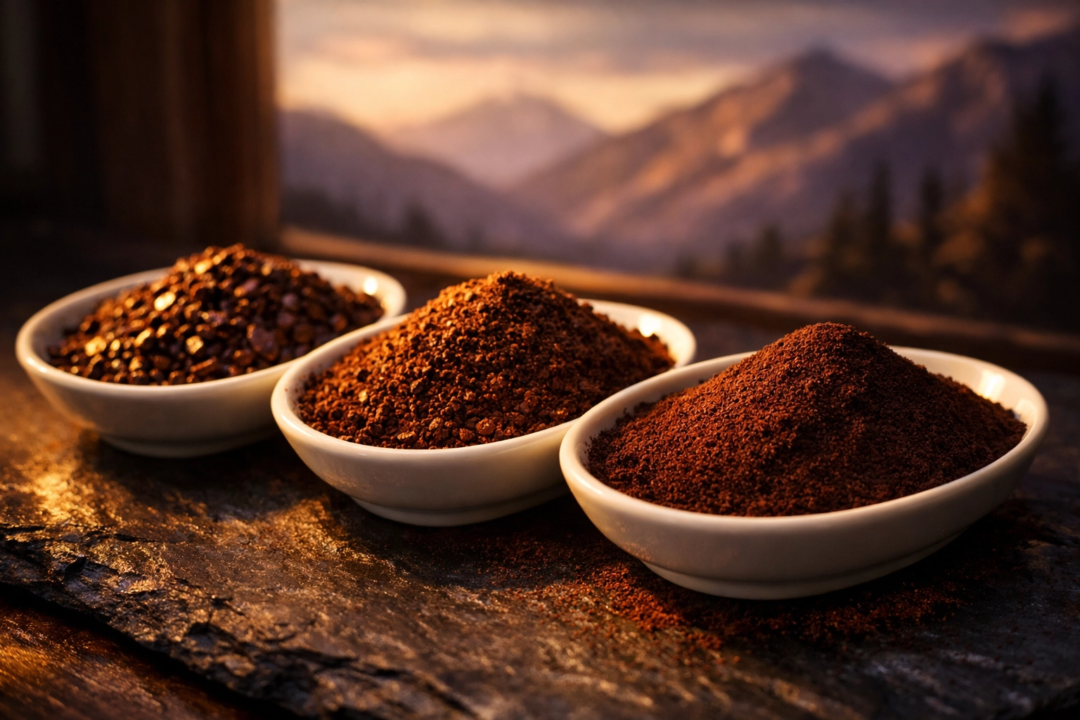 Coffee grind sizes from coarse to fine for adjusting altitude brewing technique