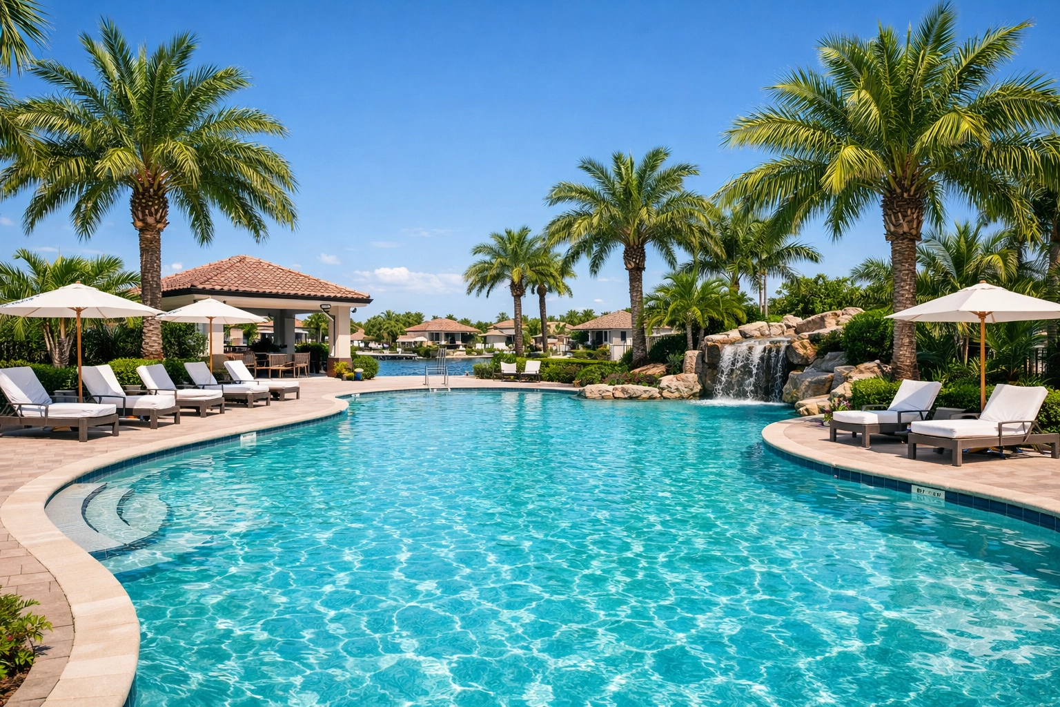 HOA fees in Cape Coral cover maintenance for luxury amenities like this resort-style community pool.