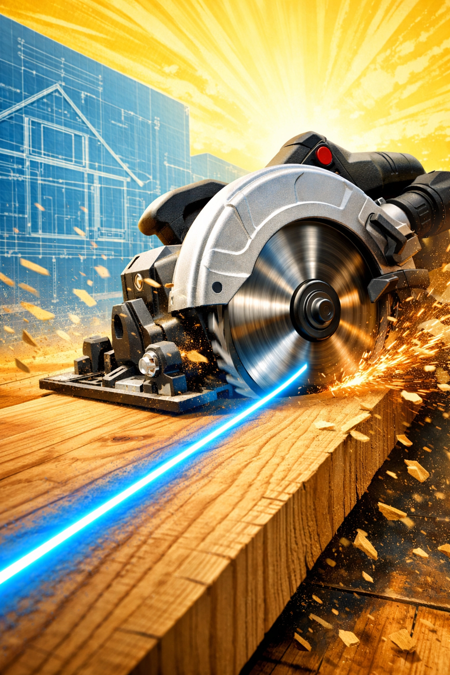 Cordless circular saw with laser guide cutting timber, available when you buy power tools online.