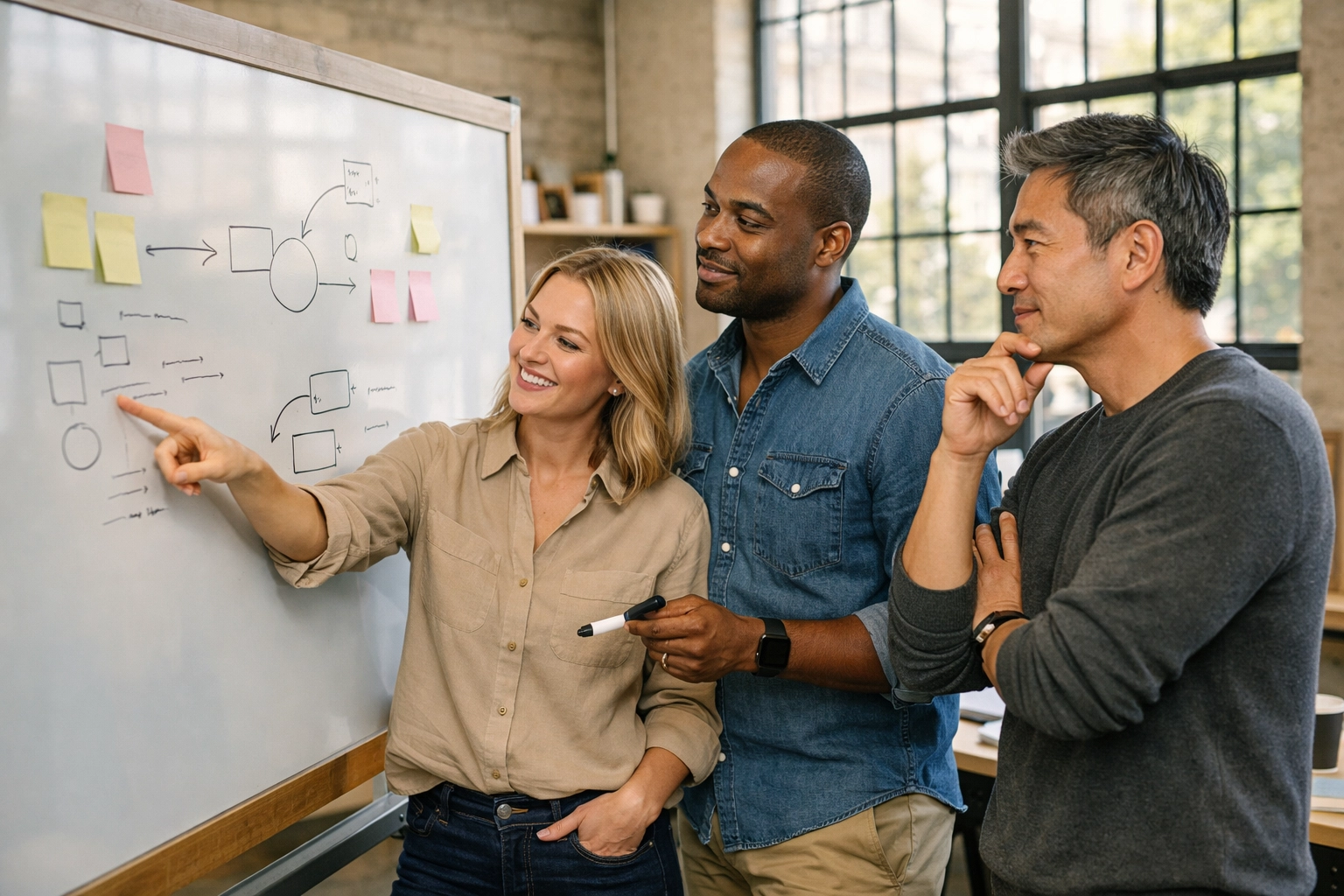 Leadership team collaborating around whiteboard demonstrating biblical conflict framework Leadership team collaborating around whiteboard demonstrating biblical conflict framework