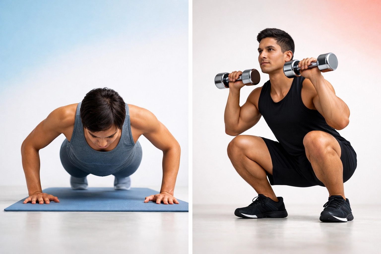 Side-by-side comparison of bodyweight push-up and dumbbell squat exercises for different training goals
