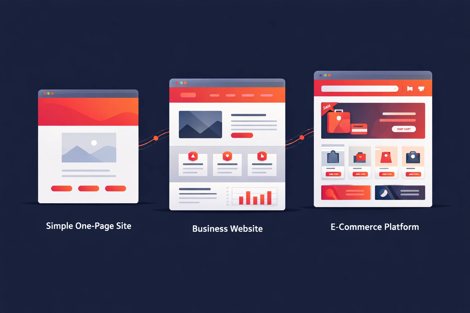 Three website complexity levels from basic brochure site to advanced e-commerce platform