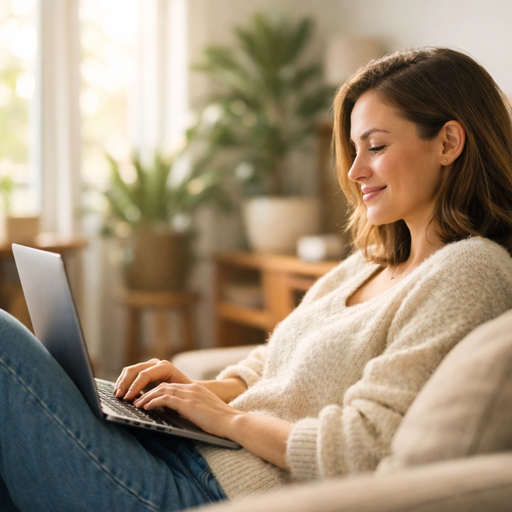 Woman smiling at laptop, relieved after getting instant approval for bad credit loans Canada.