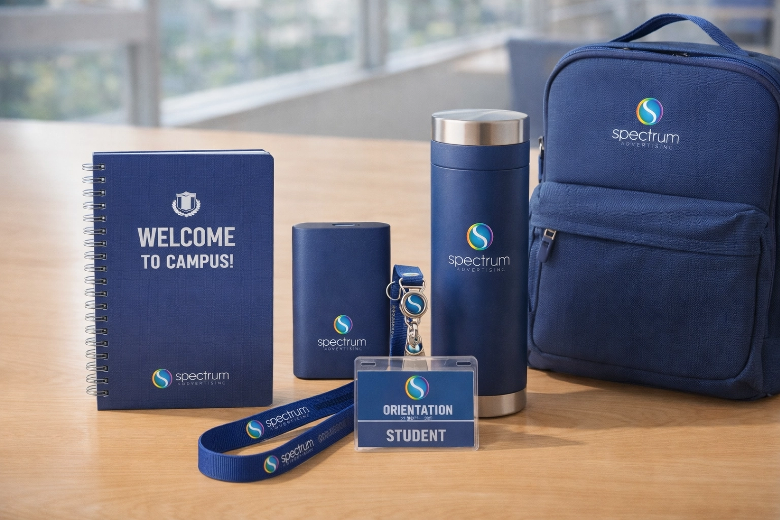 Curated university orientation welcome kit with branded notebook, power bank, and badge reel on a wooden table.