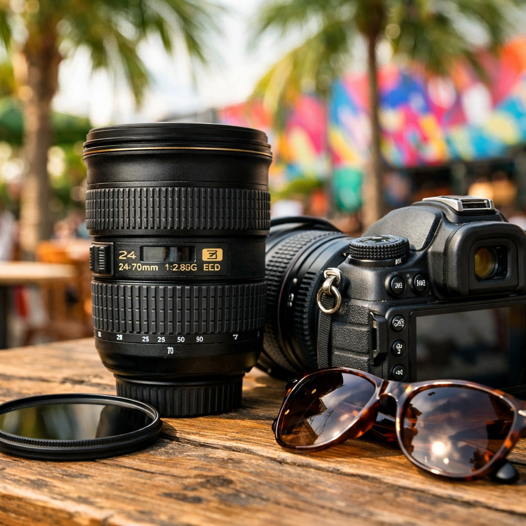 Close-up of professional camera gear and lenses used for commercial photography in Miami.