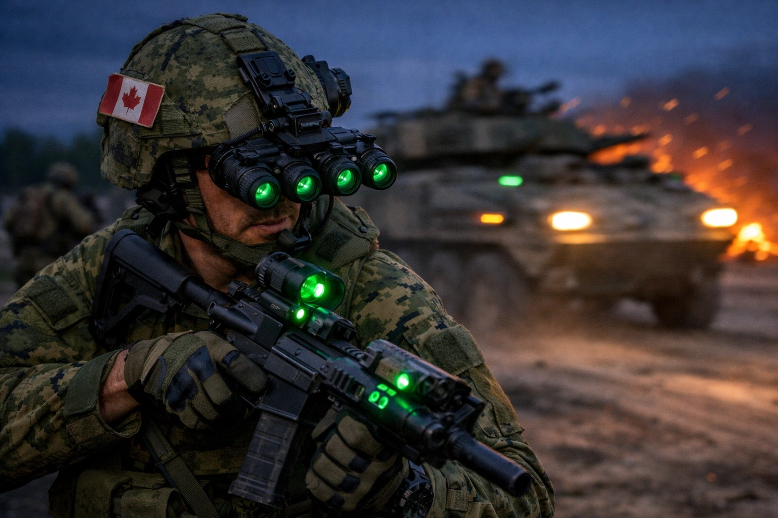 Canadian soldier with night-vision gear participating in a NATO multi-national training exercise at dusk.