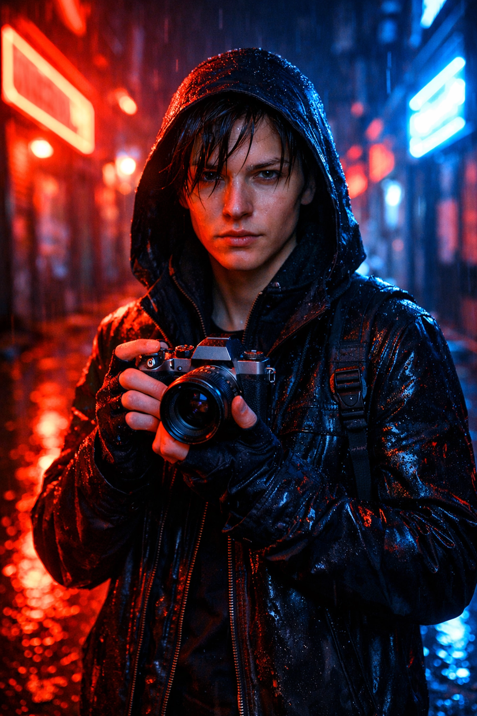 Person with a mirrorless camera in a neon-lit alley, showcasing bold colors in the latest photography news.