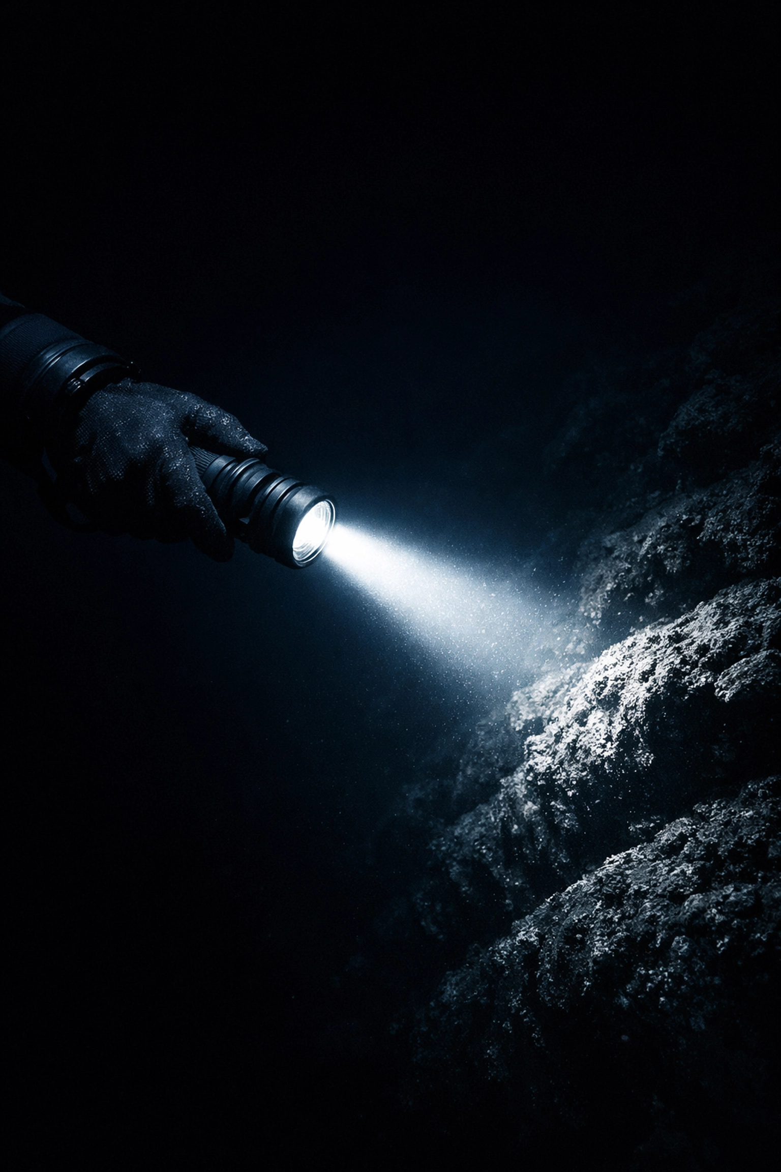 LED-Tauchlampe mit fokussiertem Lichtstrahl für bessere Sicht beim Kaltwassertauchen.