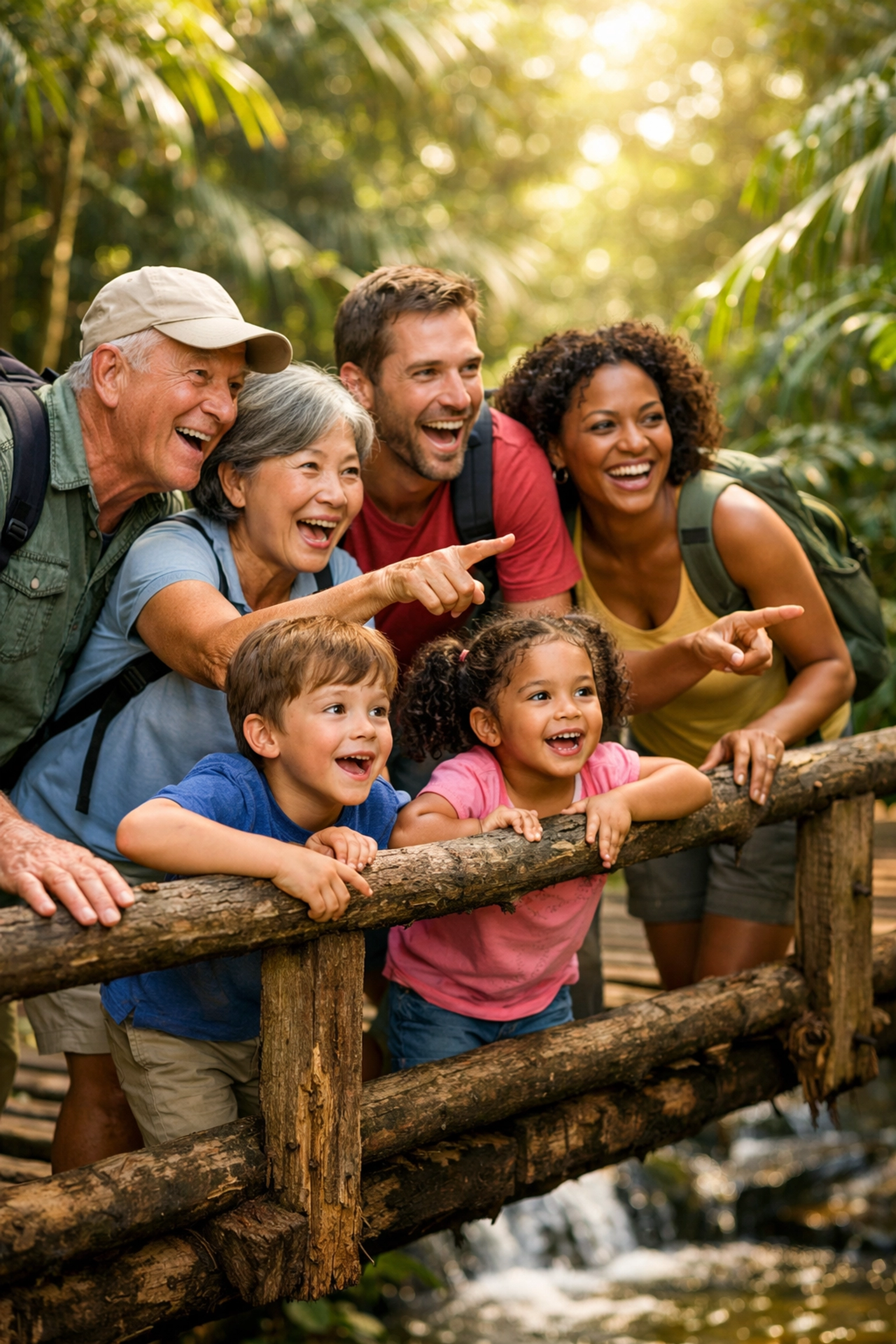 Multi-generational family on a forest trail bridge during a custom travel itinerary holiday.