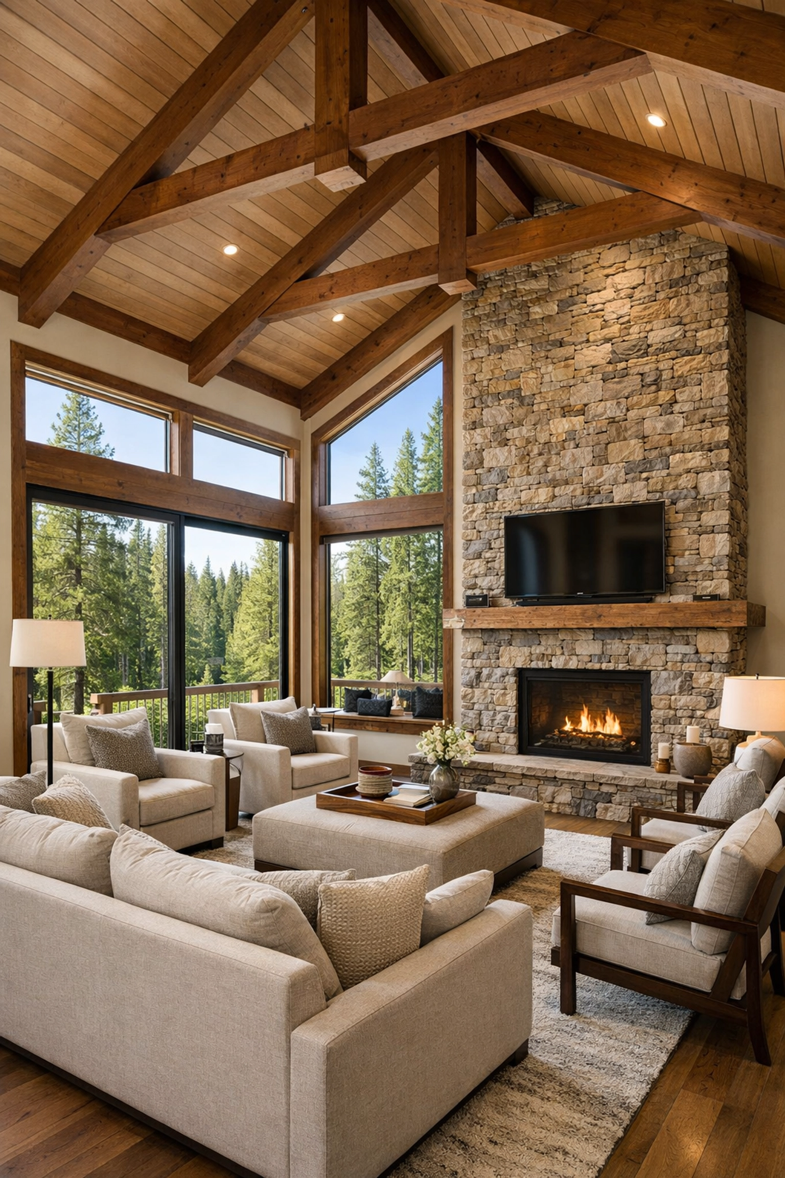 Luxury mountain modern living room in a Suncadia resale home featuring a floor-to-ceiling stone fireplace.