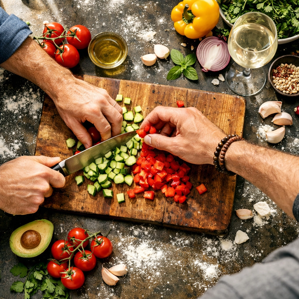 Two men cooking together in kitchen preparing romantic winter meal as stay-at-home date activity