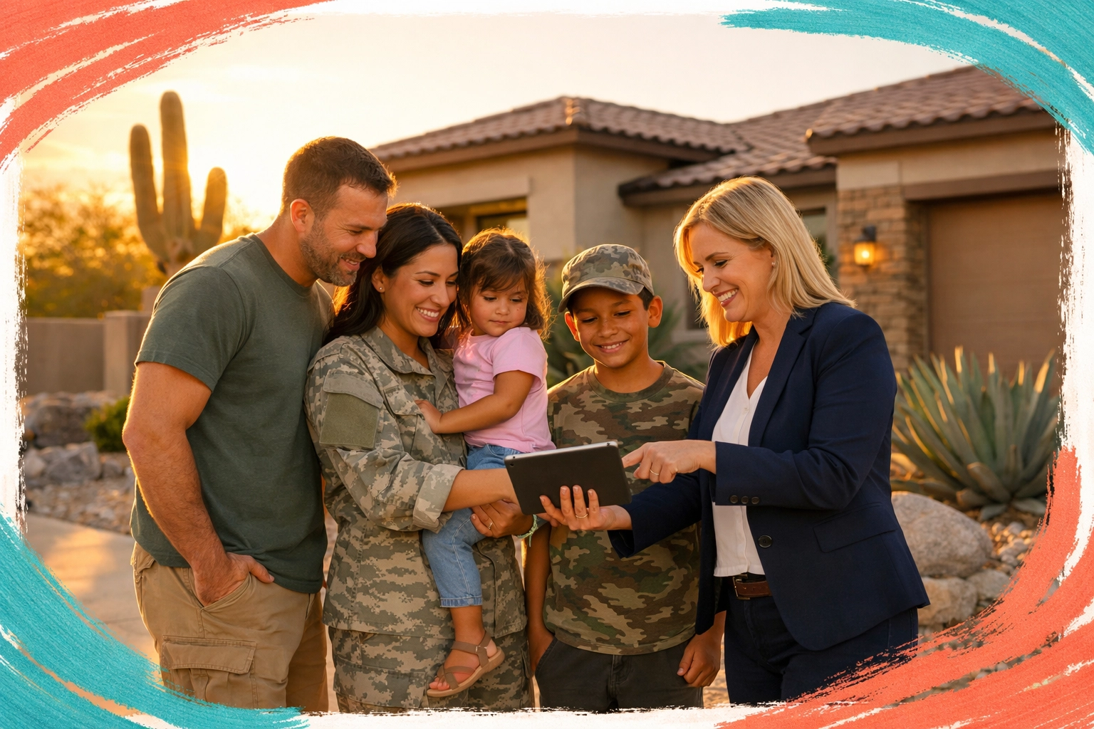 Military family reviewing home inspection report with real estate agent in front of Arizona home