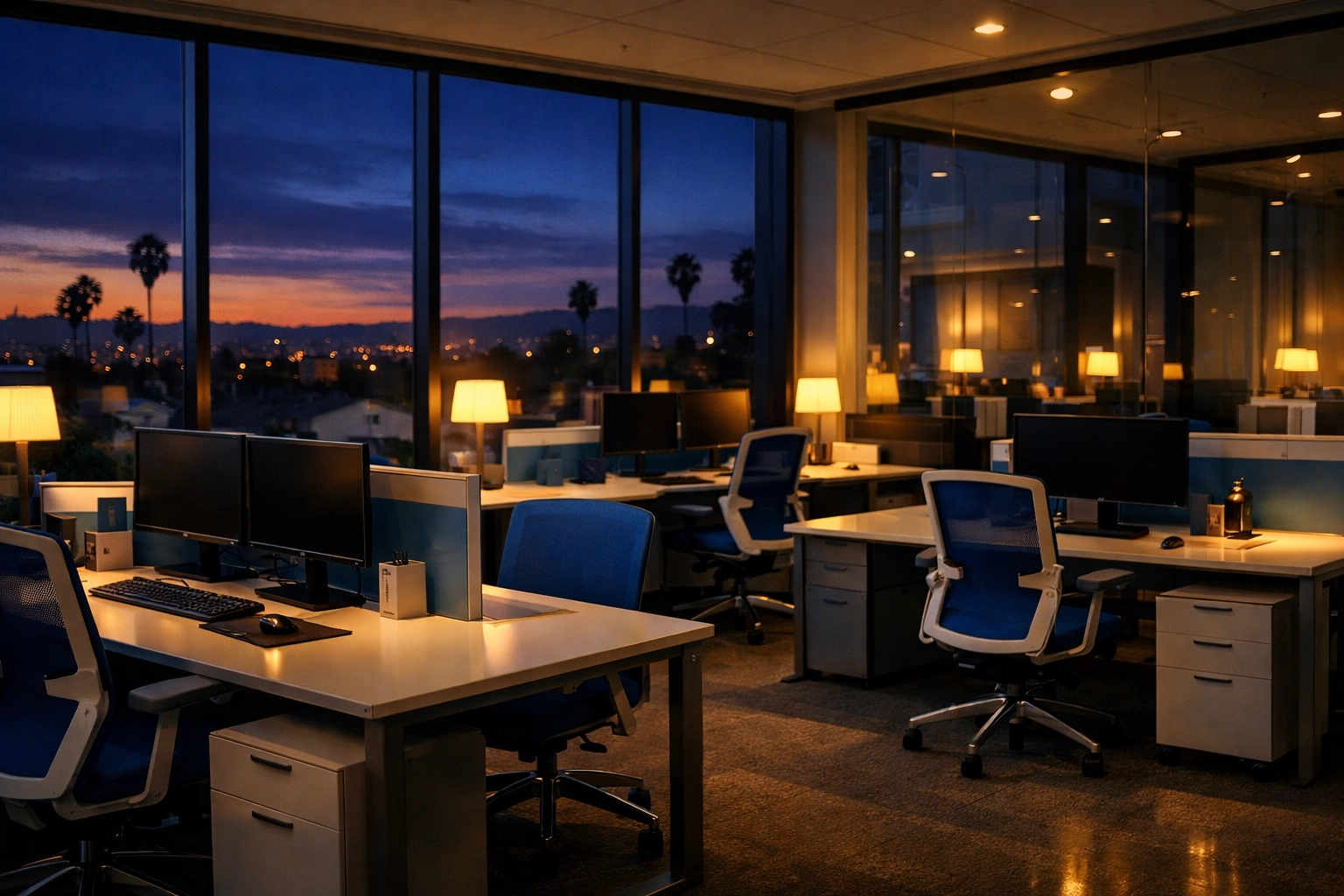 An organized, dust-free open-plan office in Melrose ready for the next business day after professional cleaning.