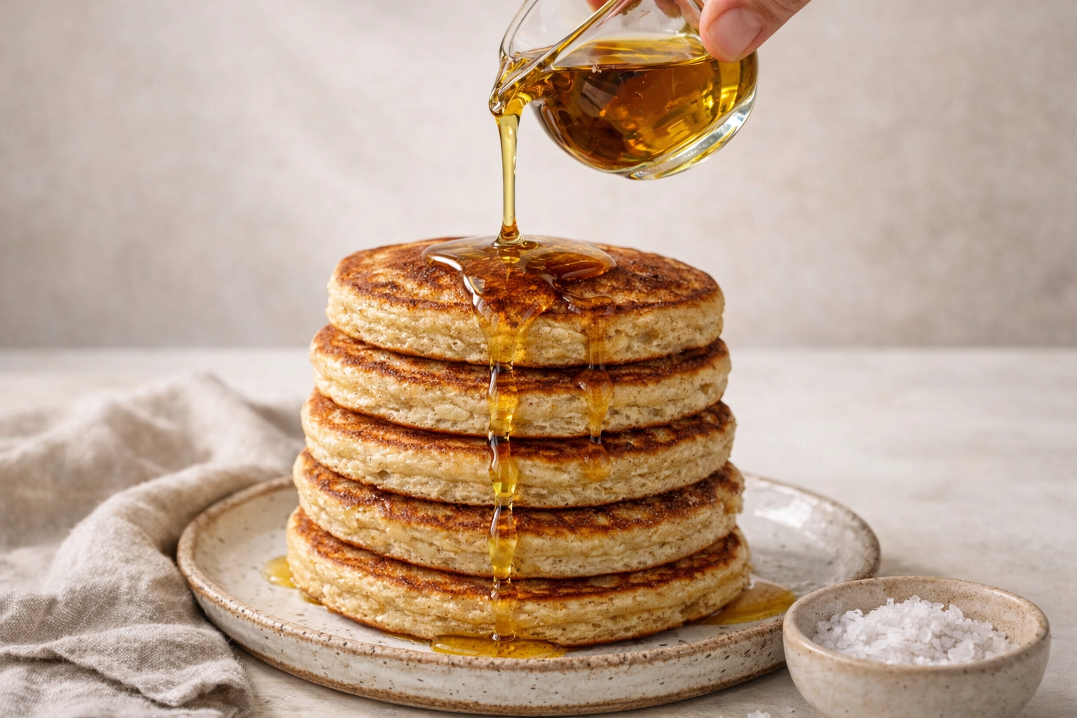 Stack of fluffy Kernza pancakes topped with a unique honey and organic olive oil drizzle.