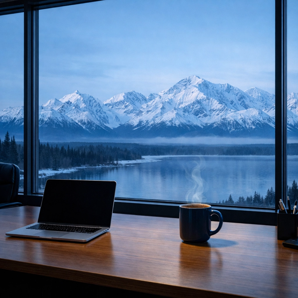 A professional office desk in Alaska with a mountain view, symbolizing stable business planning.