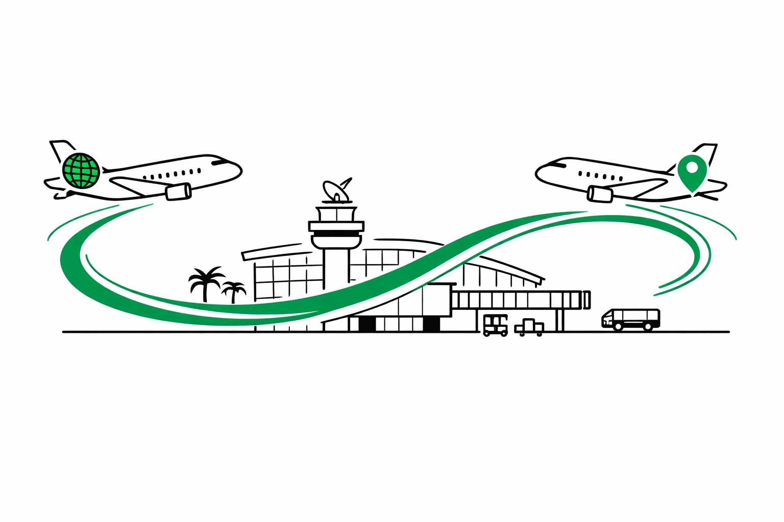 Modern airport illustration showing domestic and Haneda Terminal 2 international flight integration for 2026.