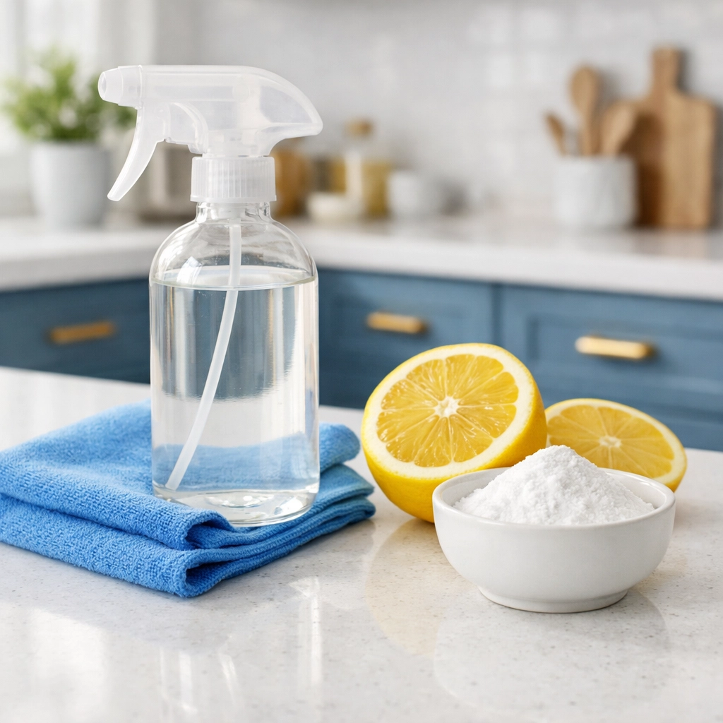 Eco-friendly kitchen cleaning supplies with a spray bottle, microfiber cloth, and fresh lemons for natural care.