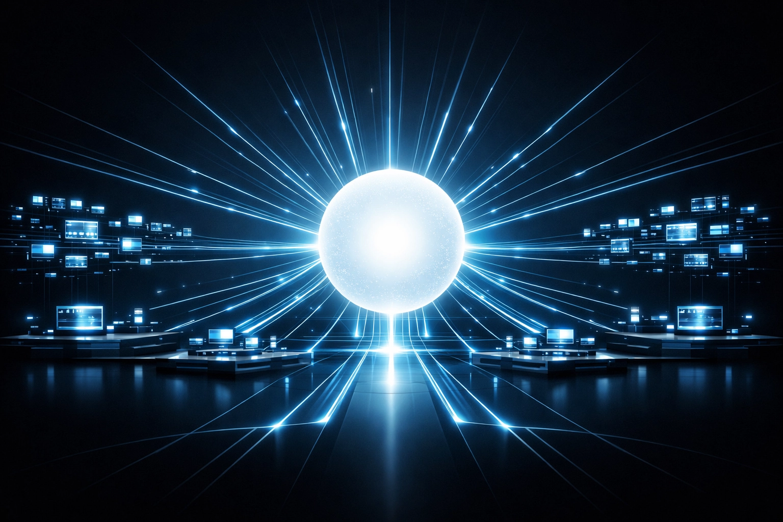 A centralized command center hub representing scalable AI governance and automated data monitoring.