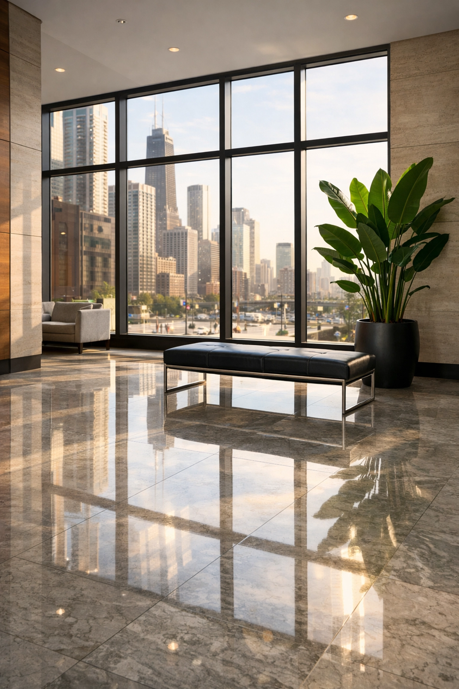 Clean luxury apartment lobby in Chicago with polished marble floors reflecting natural light.