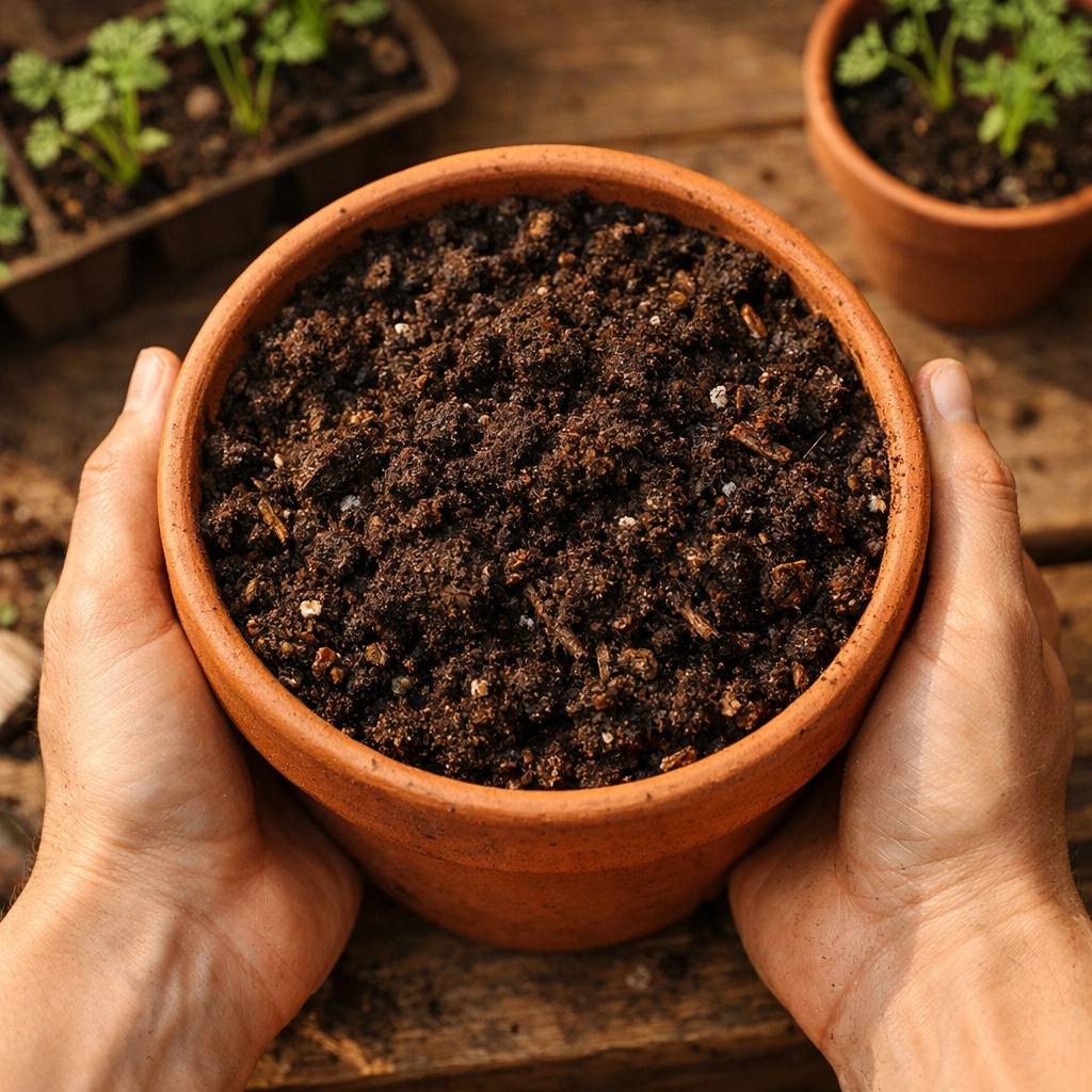 Hands holding container with loose potting soil mix for growing carrots