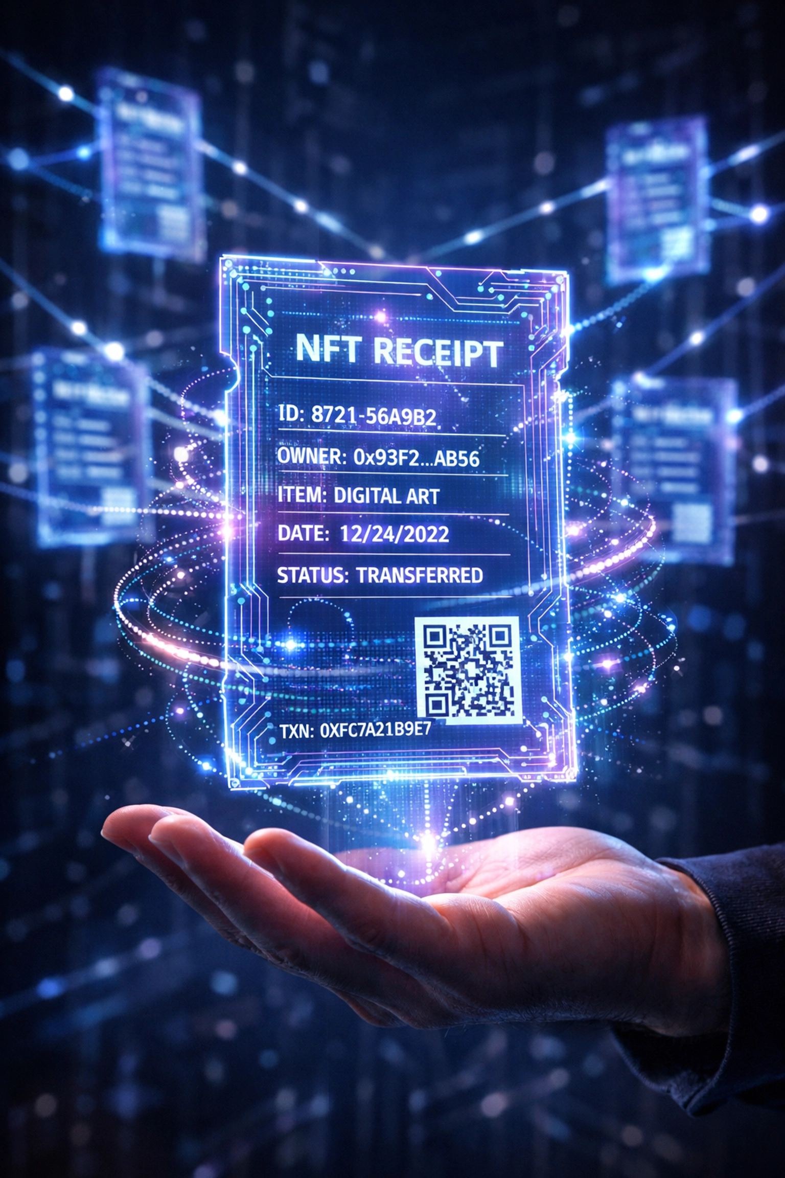 Larecoin NFT receipt with programmable commerce metadata flowing through Web3 payment network