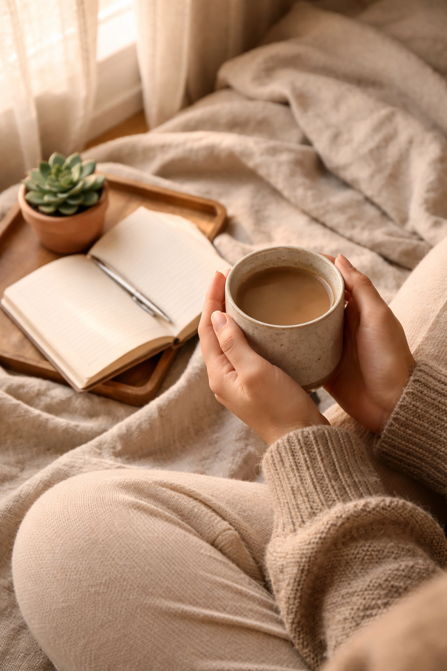 Hands cradling a mug of coffee by a sunlit window during a mindful morning ritual, fostering creative focus and clarity.
