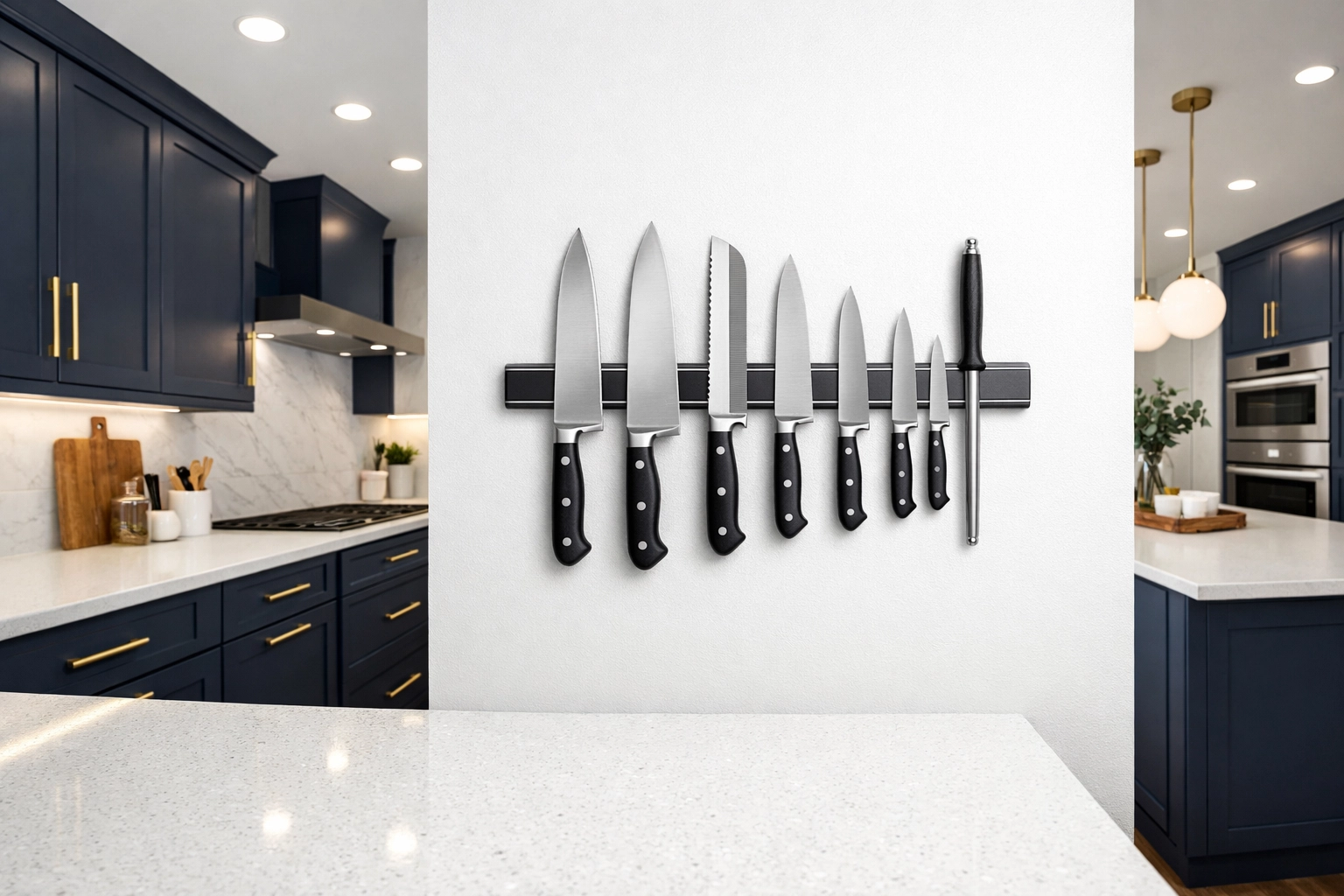 Organized magnetic knife strip in a pristine kitchen, showing professional house cleaning and safe storage.