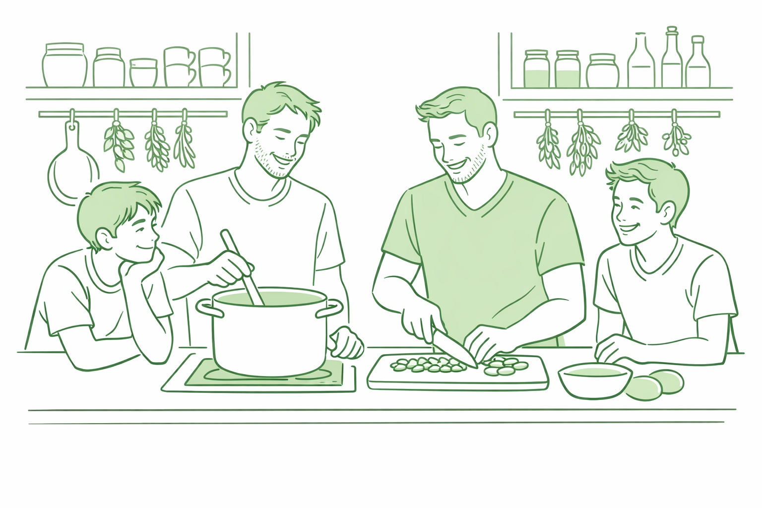 Two gay fathers teaching their teenage sons family recipes and life lessons in the kitchen