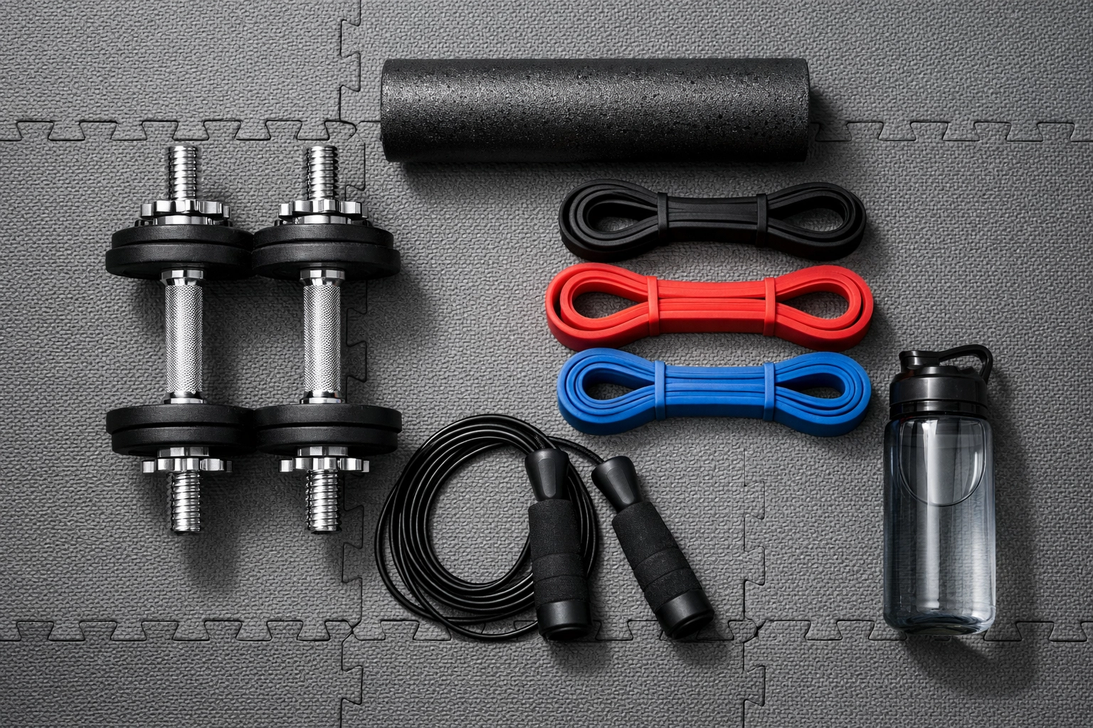 Essential renter-friendly gym equipment: adjustable dumbbells, resistance bands, and foam mats
