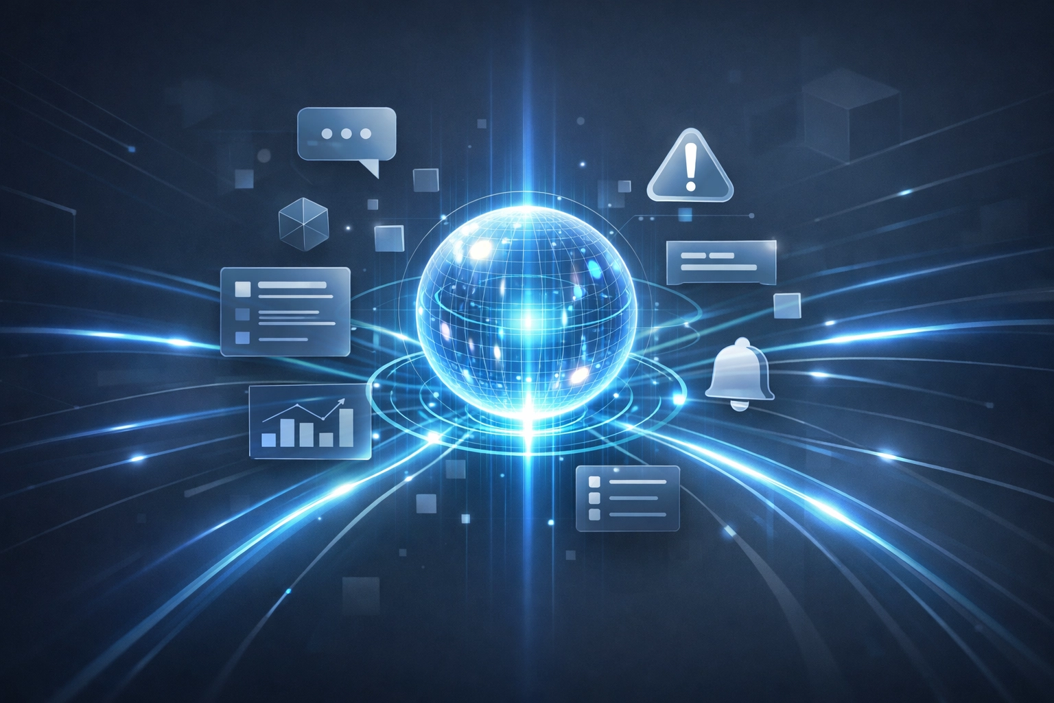 Digital hub with light streams representing automated threat detection and real-time security alerts.