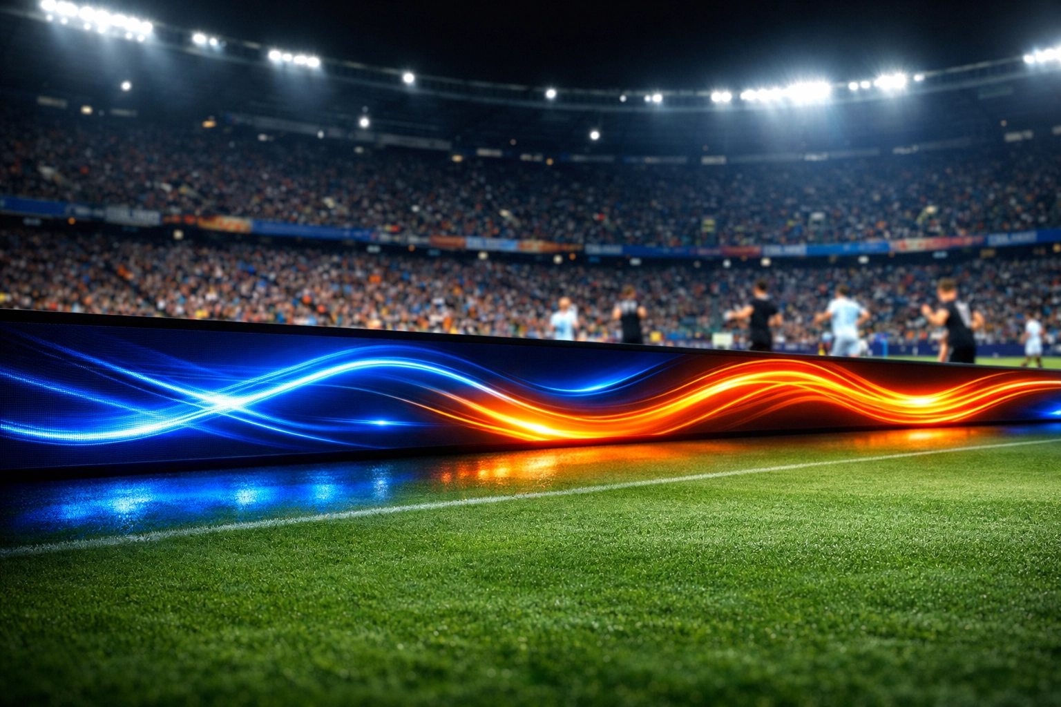 Dynamic digital stadium perimeter advertising boards illuminating a soccer field for enhanced fan engagement.