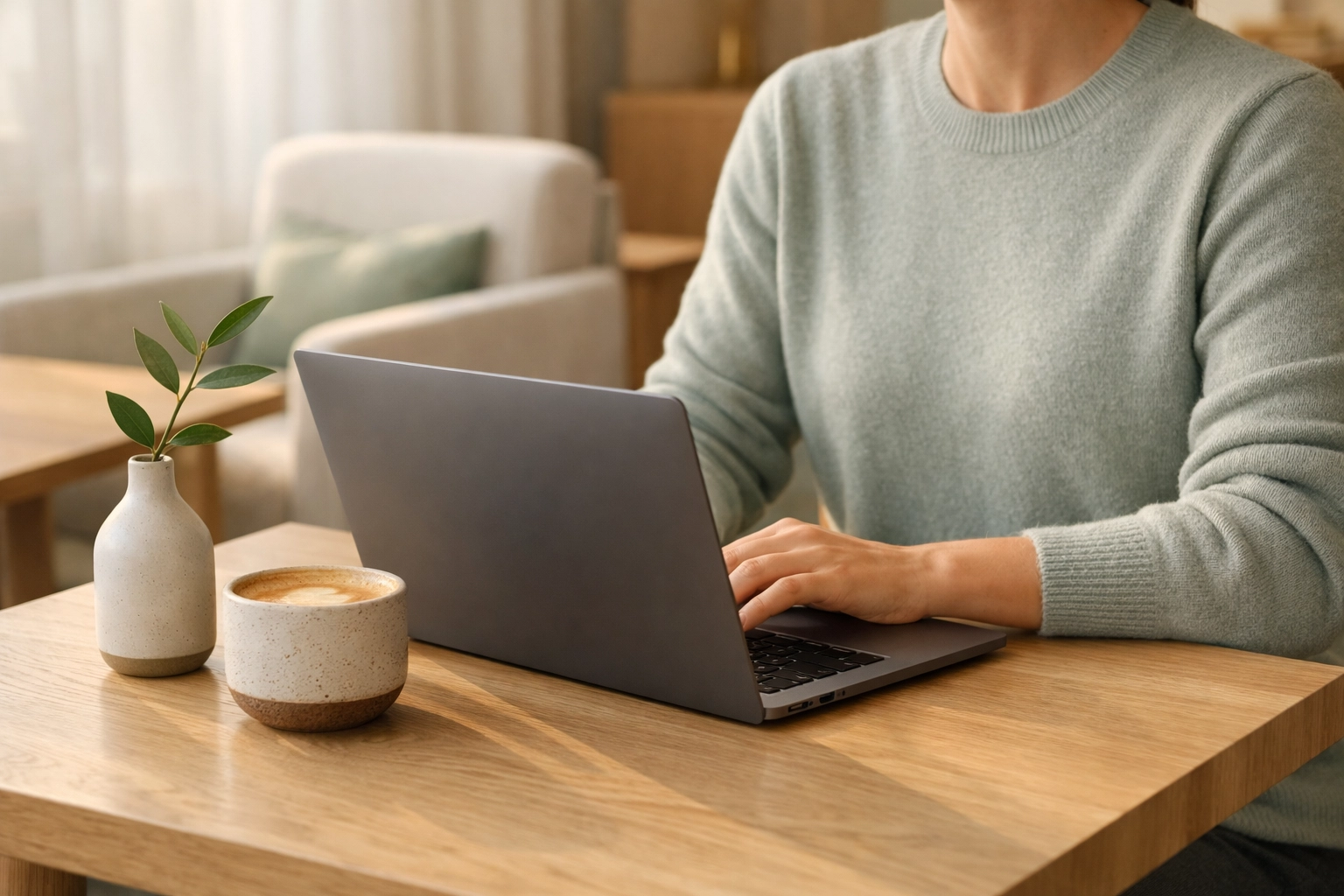 A hotel professional managing operations using cloud-native software on a laptop.